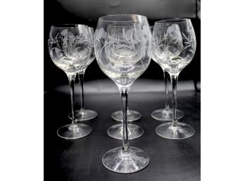 Etched Flower Design Wine Glass Set Of 7