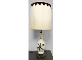 Mid-Century Glass Table Lamp - White With Black Flowers, Metal Base