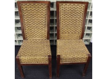 Set Of 2 Basket Weave Design Wood Chairs
