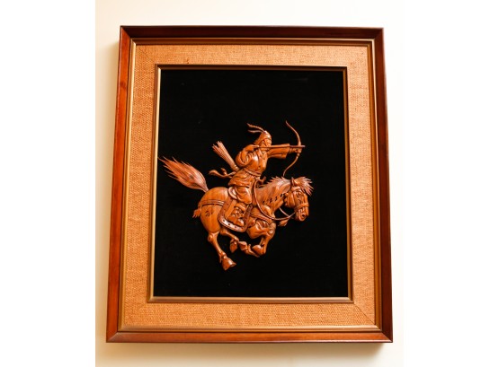 Japanese Wood Relief Carving Samurai Warrior Framed Wall - H24 X L20.5 W2 - No. 01-14 (LR)