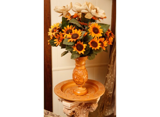 Beautiful Hand Carved Wooden Vase And Decorative Plate W/ Faux Sunflowers - Vase H10' - 13' Round Plate (SR)