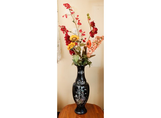 Metallic Floral Vase W/ Faux Flowers - Asian Motif - H27.5 X 8' Round  - W/ Flowers 42' Tall (LR)(LR)