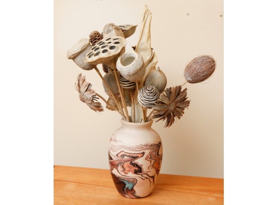 Nemadji Art Pottery W/ Natural Real Dried Lotus Pod Floral Arrangment - Made In USA - H16' X 12' Diameter(136)