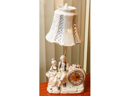 Victorian Quartz Seated Couple Figurine Lamp W/ Clock - Porcelain (SR)