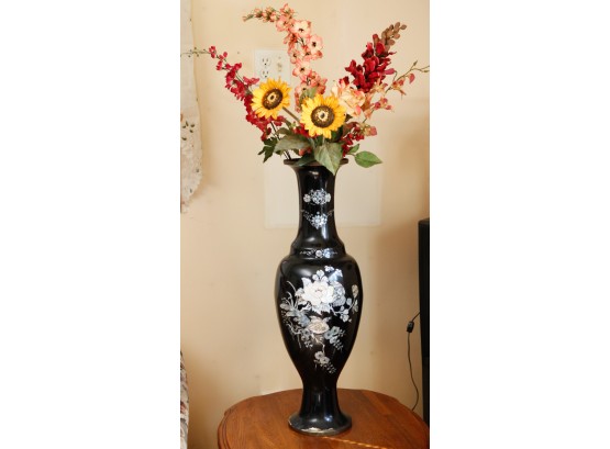 Metallic Floral Vase W/ Faux Flowers - Asian Motif - H27.5 X 8' Round  - W/ Flowers 42' Tall (LR)