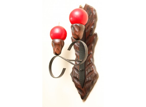 A Pair Of Vintage Dark Wood And Iron Wall Sconces,  Candle Holders (LR)