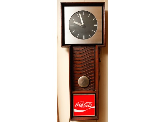 Vintage Coca-Cola Coke Electric Wall Clock W/ Cherry Wood - Functions Properly - H33 L12 W3.5 (SR)