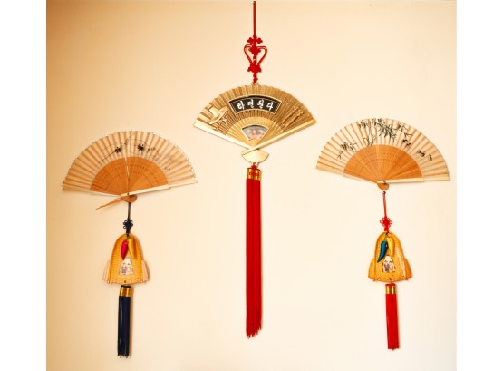 Lot Of 3 Traditional Korean Fans -  Wall Decor -large One H41 X L15 - 2 Small H27 X L15 (LR)