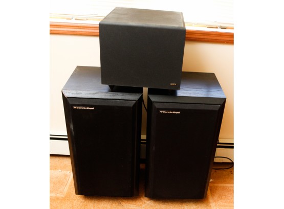 Lot Of 3 Speakers -  Cerwin Vega! -& Denon Subwoofer Amplifier - H28 L14 W13 & Subwoofer H12 X 13'squqre (BR3)