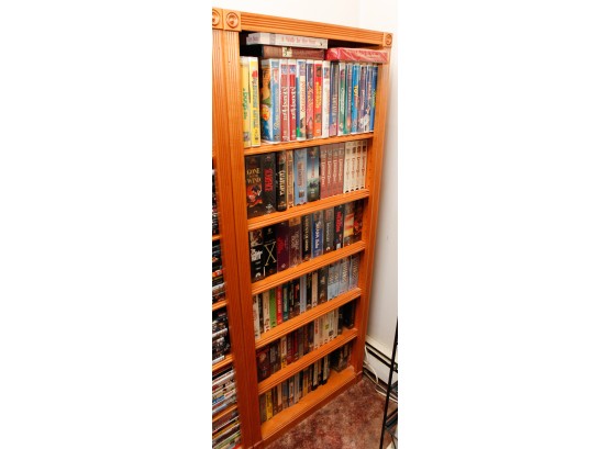 Wooden Cabinet W/ DVDs & VHS Tapes  - H60 X L24 X W6.5 (BR2)