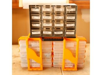 Lot Of 3 Stack On - 16 Drawer Storage Cabinet And 2 Plastic Organizers (G)