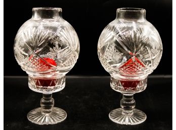 A Set Of Two Vintage Glass Candle Holders W/ Candles (kitchen)