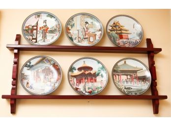 Lot Of 6 Imperial Jingdezhen Porcelain Decorative Porcelain Dishes W/ Wooden Rack  - The Palace Museum   (LR)