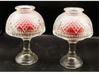 A Set Of Two Vintage Glass Candle Holders W/ Candles (kitchen)