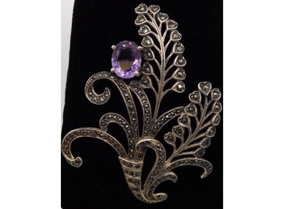 Sliver Brooch Pin With Marcasite & Amethyst