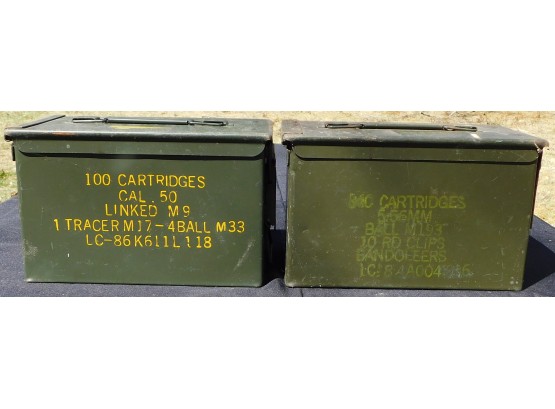 Two Vintage Military Green Ammo Box -100 Cartridges Cal. 50 Linked M9
