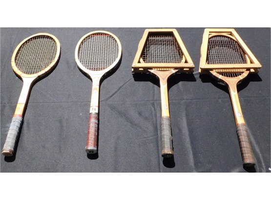 4 Vintage Assorted Tennis Racquets With Vise