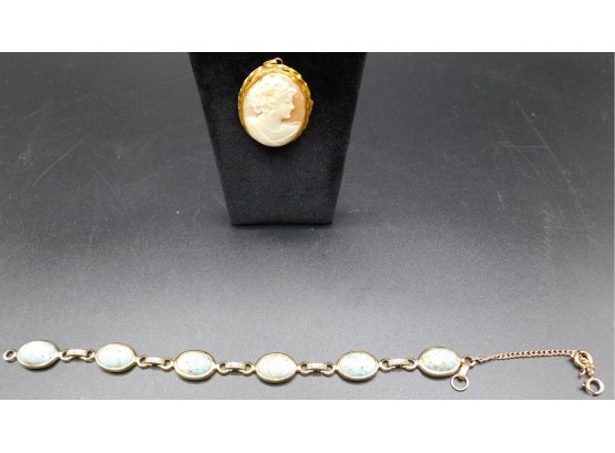 Faux Turquoise Oval Link Bracelet & Cameo Pin/ Pendant