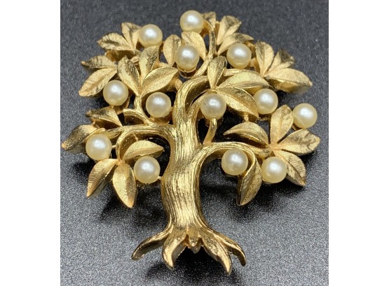 Trifari Tree Of Life Brooch Pin With Faux Pearls