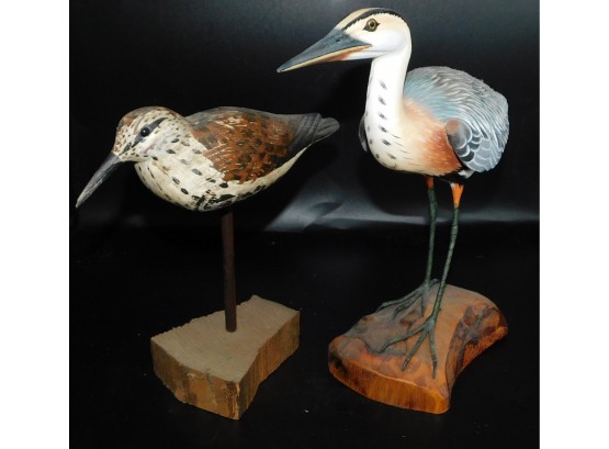Set Of Three Wood Carved Birds On Wooden Stands