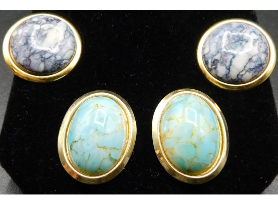 Set Of Two Gold Tone Faux Marble Earrings