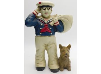 RARE Vintage Antique Cast Iron Door Stop Cracker Jack Sailor & Dog Saluting Statue Heavy