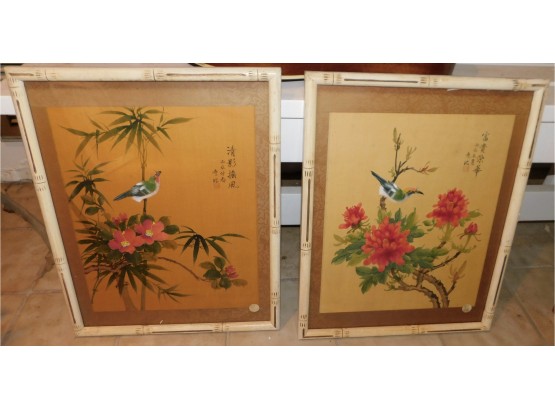 Vintage Pair Of Oriental Hand Painted On Silk Art Framed