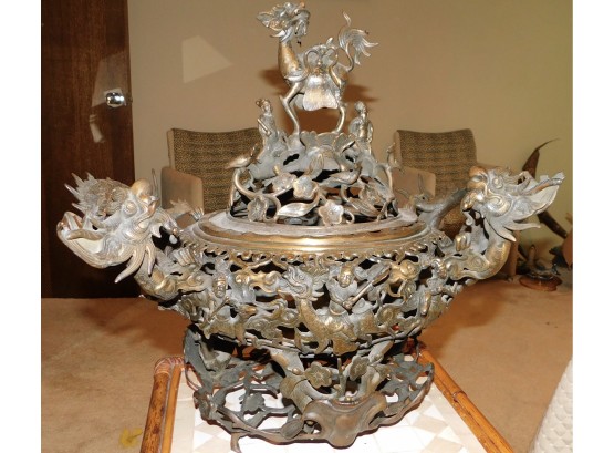 RARE Vintage Asian Dragon With Samurai's  Solid Brass Ornate Incense Burner