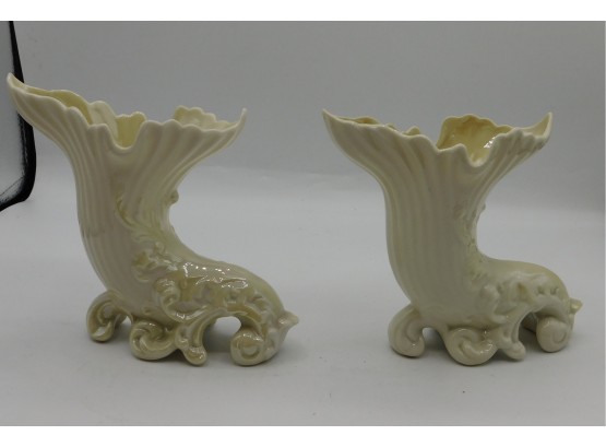 Pair Of Belleek Porcelain Cornucopia Spill Vases #0857