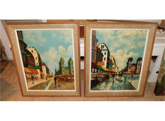 Vintage Pair Of Hand Painted Oil On Canvas Art Framed