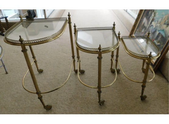Vintage Brass Nesting Tables On Wheels With Glass Top Set Of 3