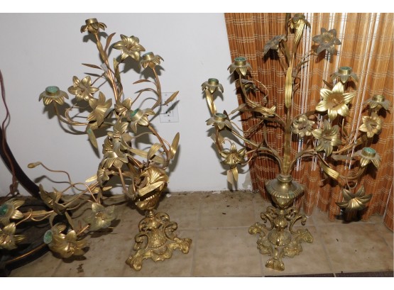 Mid-Century Modern Pair Of Ornate Floral Polished Brass Candelabra