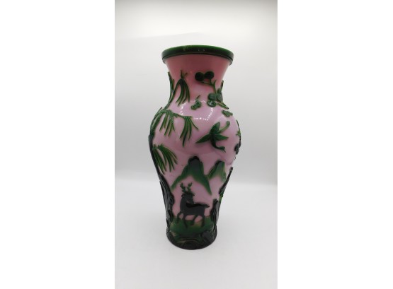 Lovely Art Glass Vintage Pink And Green Glass Vase With Animal Scene