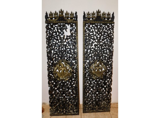 Lovely Pair Of Hand Carved Oriental Black And Gold Wood Panels