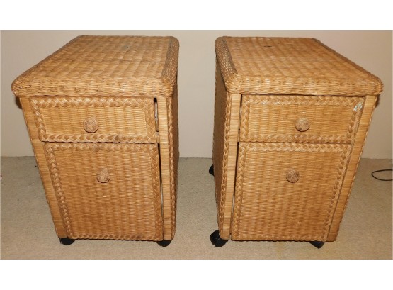 Pair Of Rattan 2 Drawer Night Stands On Wheels