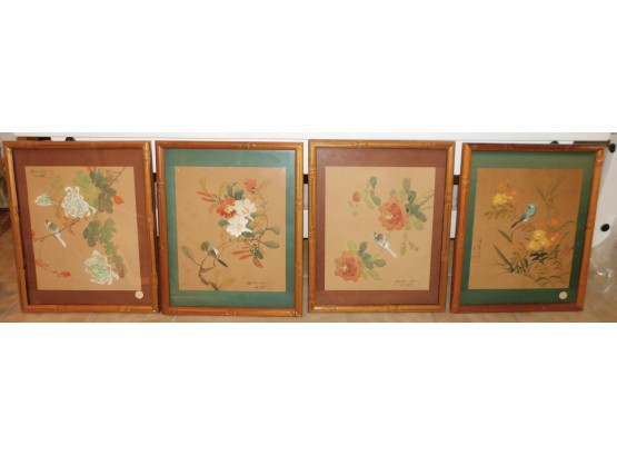 Set Of 4 Oriental Hand Painted Art Prints Framed