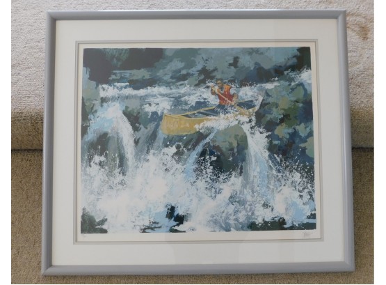 Man In Canoe Rapids Watercolor Lithograpgh Framed Art Signed 81/300