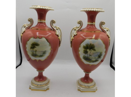 Vintage Pair Of  Royal Worchester Hand Painted 1969 Amphora Vases