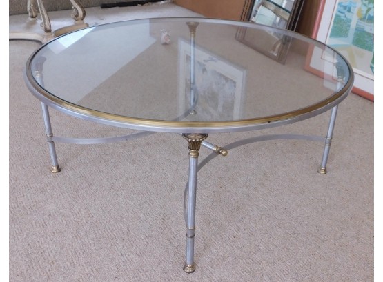 Stylish Silver Metal And Gold Tone Round Coffee Table With Glass Top