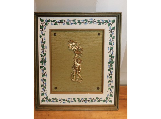 Decorative Polished Brass Cherub Plaque In Wood Leaf Pattern Frame By American Art Industries