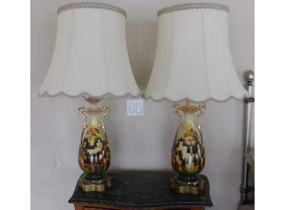 Vintage Pair Of Ceramic Hand Painted Table Lamps With Large White Shades Signed Haddon Hall L Reid