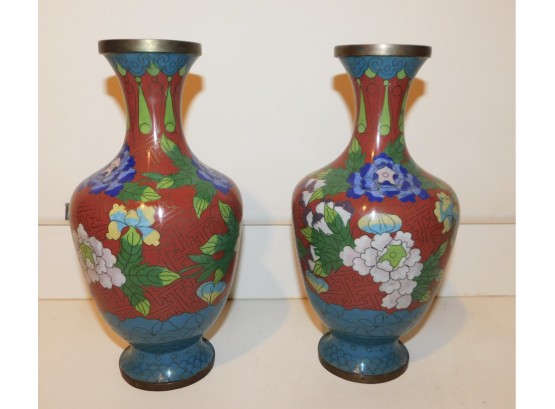 Vintage Pair Of Colorful Brass Cloisonne Vases Made In China