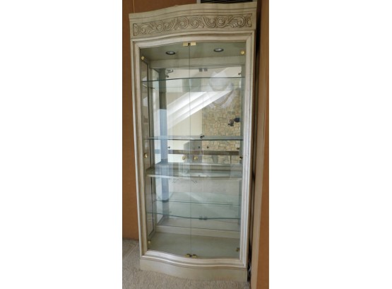Lovely Lighted Silver Painted Wood Curio Cabinet With 4 Glass Shelves