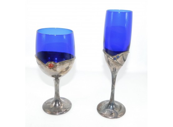 Vintage Pair Of Sterling Cobalt Blue Wine Glasses With Stone