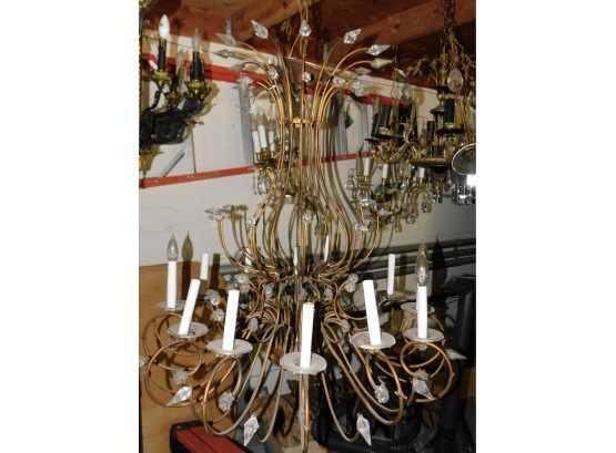 Stylish Large Vintage 12 Arm Brass Wire Chandelier With Crystal Teardrops