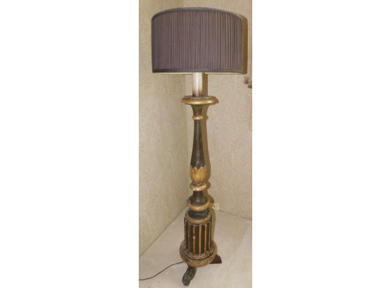 Vintage Candle Stick Style Wood Lamp With Brown Shade