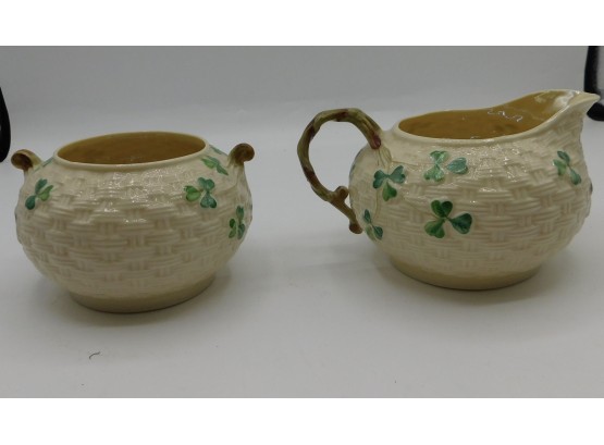 Vintage Pair Of Belleek Porcelain Sugar Bowl And Creamer #0857