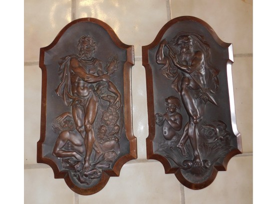 Pair Of Antique Walnut Wood Wall Plaques