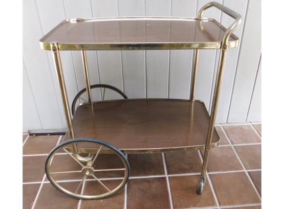 Mid-Century Modern Polished Brass Bar Cart On Wheels
