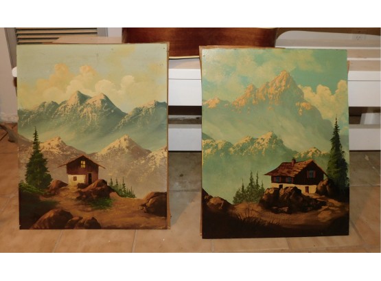 Lovely Pair Of Hand Panted Oil On Canvas Mountain With Cabin